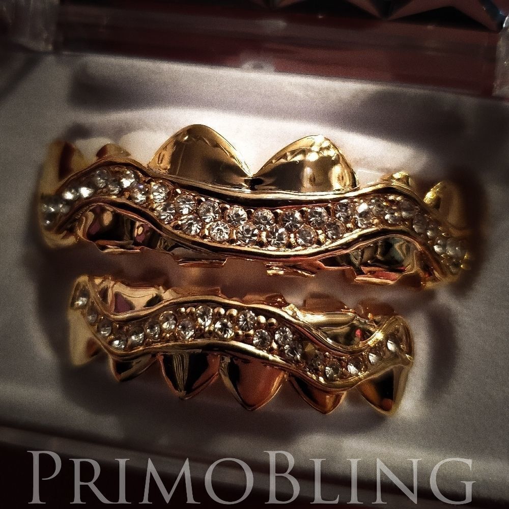 14k Gold Plated Iced Out Wavy Hip Hop Grillz Set